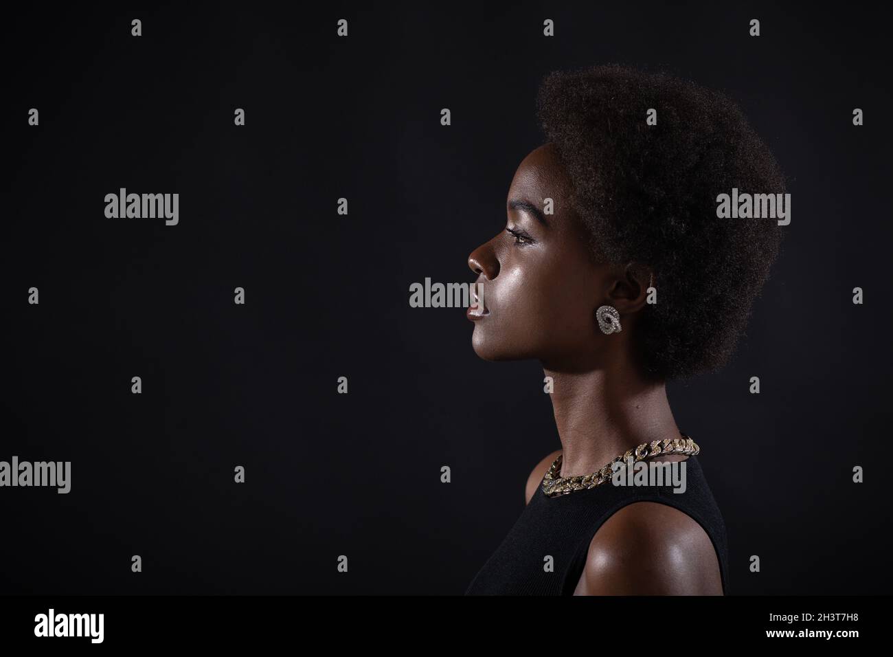 Primo piano ritratto di donna afroamericana con acconciatura afro su sfondo nero studio Foto Stock