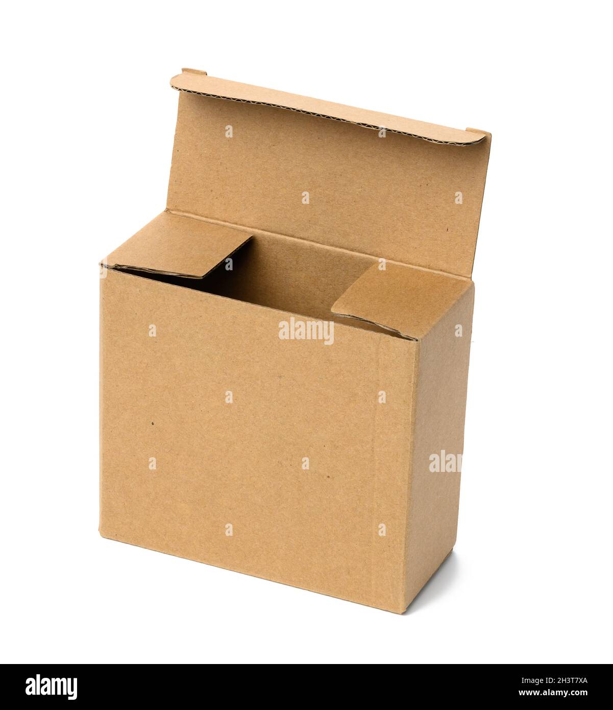Aprire la scatola di cartone ondulato marrone quadrato isolato su sfondo bianco Foto Stock