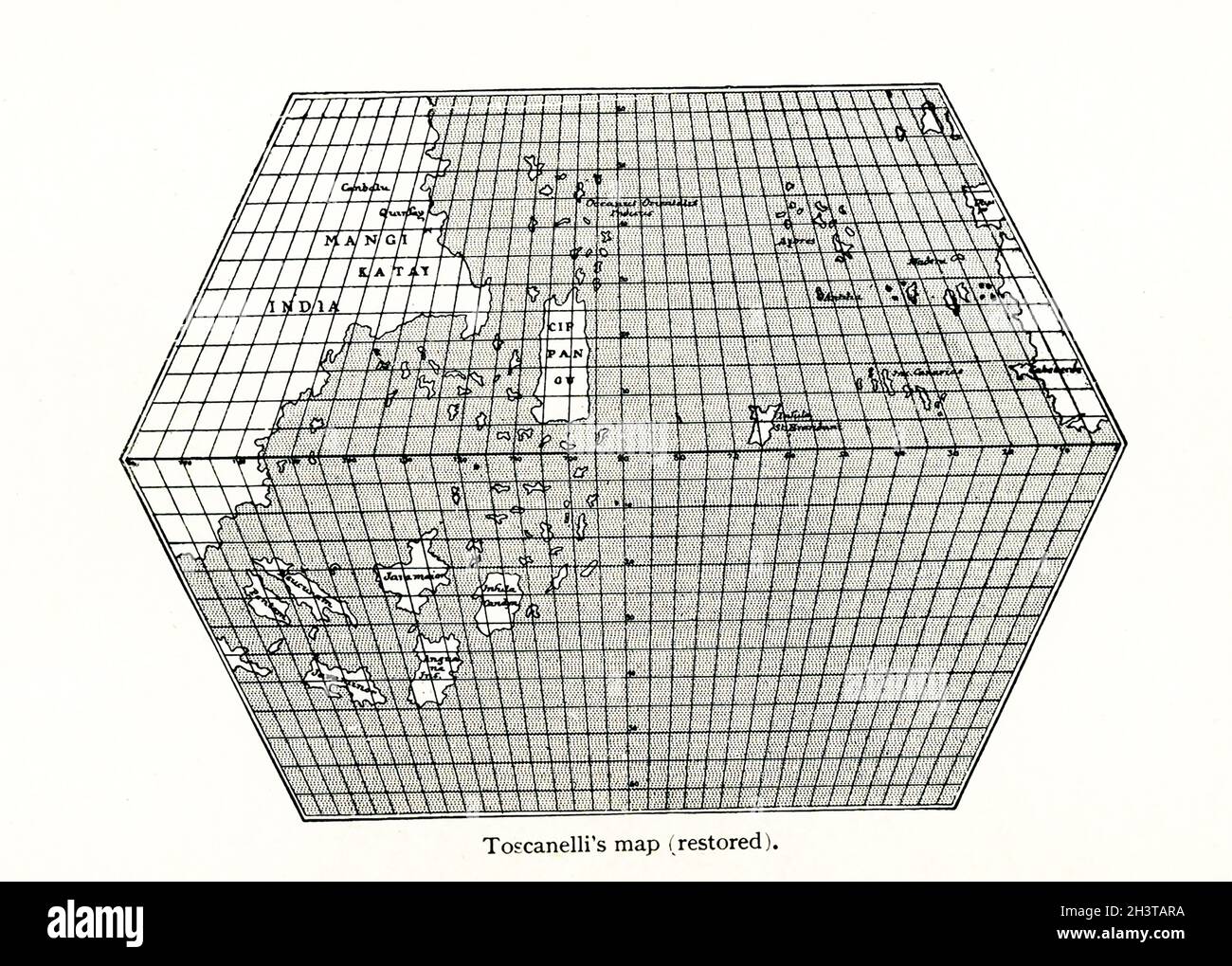 Mappa di Toscanelli (restaurata). Toscanelli (1397 – 1482) è stato un matematico, astronomo e cosmografo italiano. Dai suoi studi su antichi scrittori, compreso Tolomeo, e dai suoi colloqui con viaggiatori ed esploratori, Toscanelli creò una mappa del mondo che fu inviata al re del Portogallo nel 1474, E spiegò la possibilità di navigare verso ovest, piuttosto che intorno all'Africa e attraverso l'Oceano Indiano, per raggiungere le Indie Orientali. Foto Stock