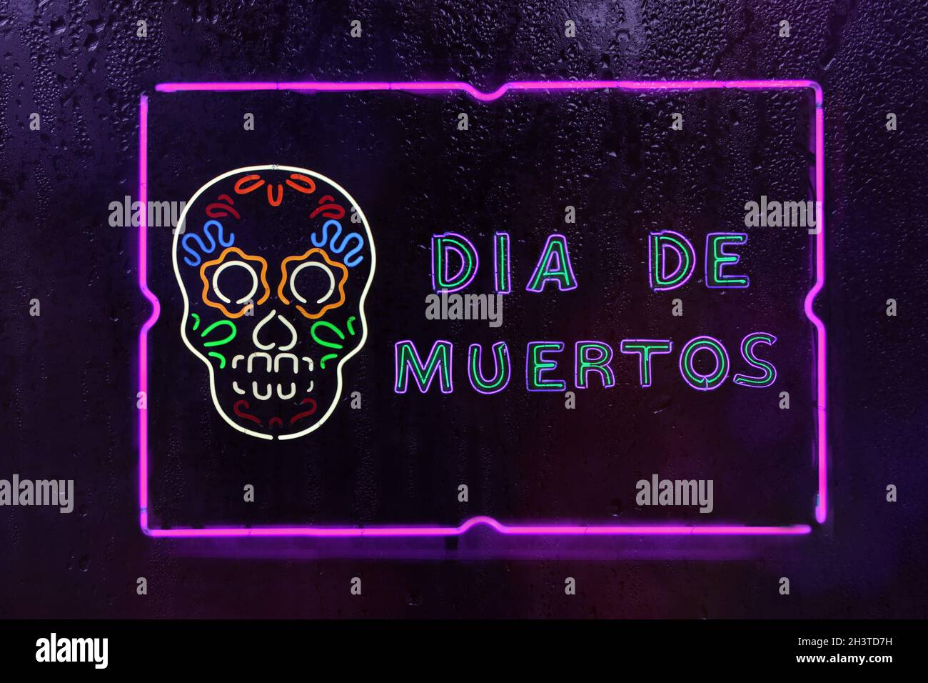Neon dia De Muertos Firma Mexican Day of Dead Festival in Rainy Window Foto Stock