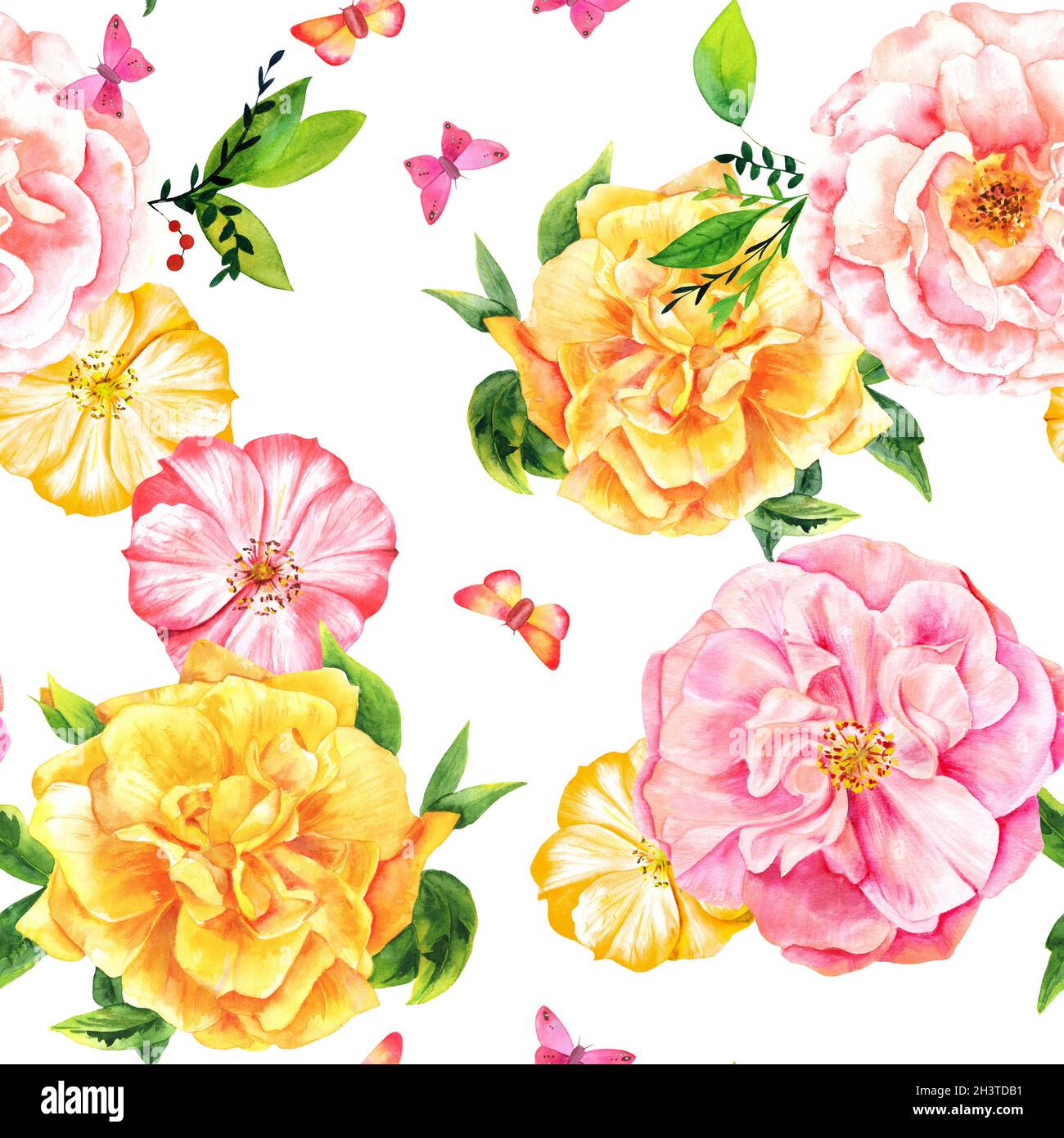 Modello senza cuciture con rose acquerello e farfalle su bianco Foto Stock