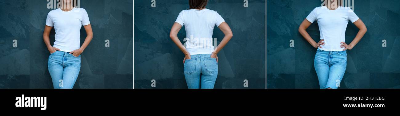 Mockup t-shirt bianco per stampa. Giovane donna alla moda vestita con t-shirt bianca bianca e jeans blu su sfondo grigio. Vista anteriore e posteriore Foto Stock