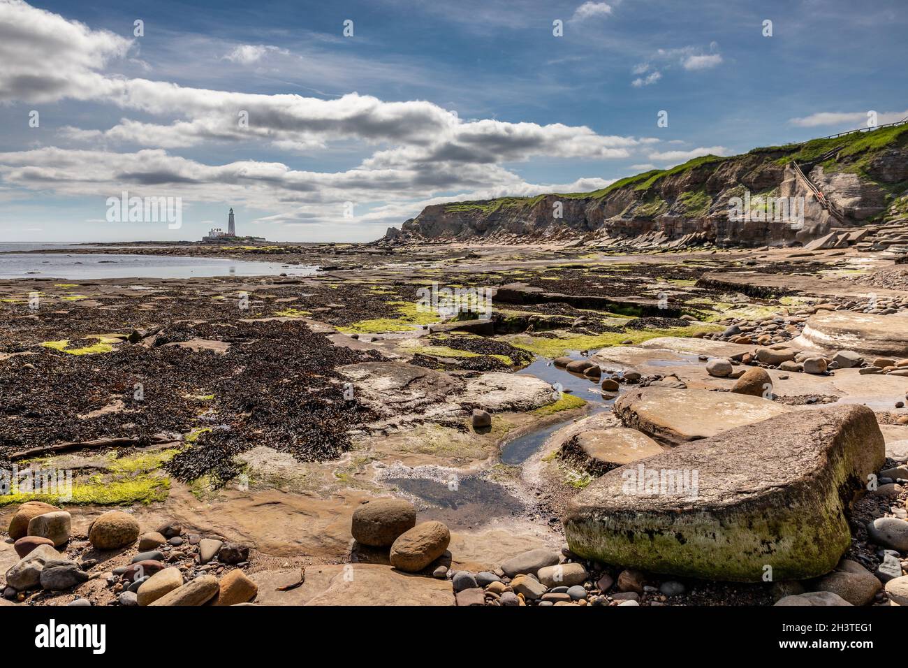 Faro di St. Mary, a bassa marea, Whitley Bay, Tyne & Wear, Inghilterra, GB. Foto Stock