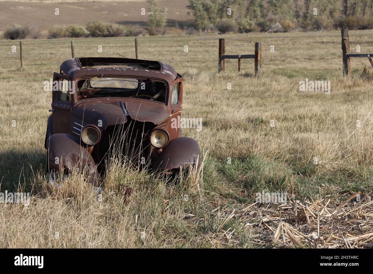 Un'auto d'epoca nel campo di un agricoltore come promemoria delle cose passate. Foto Stock