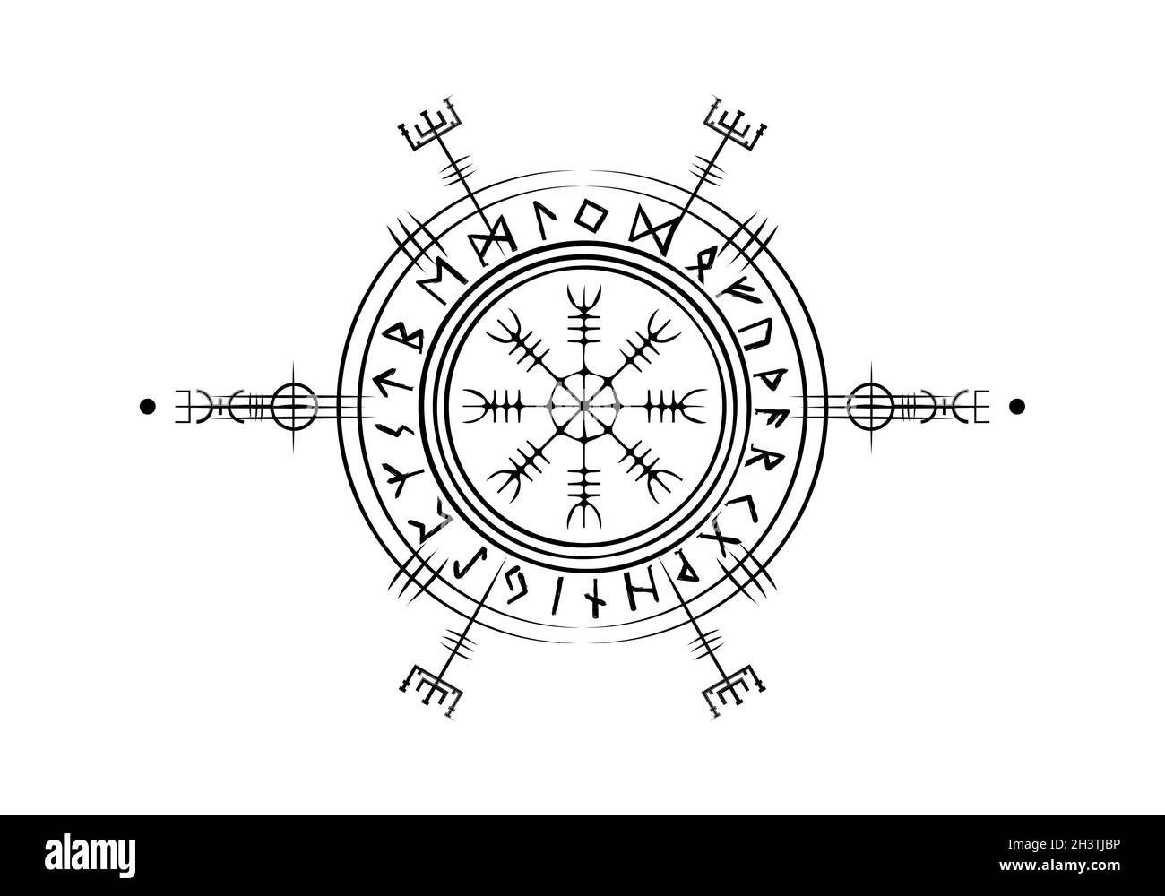 Vichingo Pagan Asatru Runic Compass, Vegvisir Rune Circle Vichingo Norse Mythology. Talismano protettiva per i viaggiatori. Cartello Magical Navigator Compass Illustrazione Vettoriale