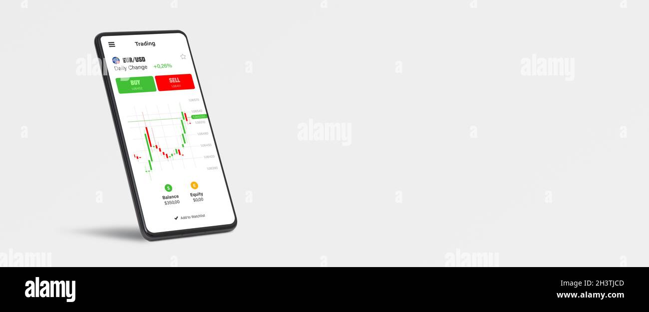 App mobile trading su smartphone. Mercato azionario, concetto di banner di investimento Foto Stock