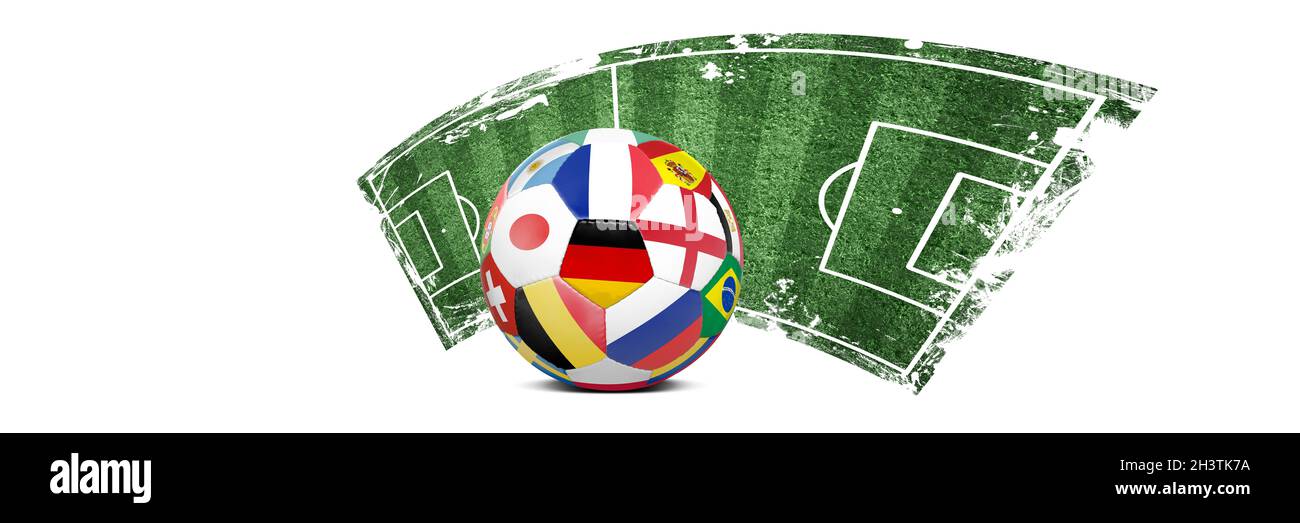 Palla di calcio su un parco giochi verde. Concetto di calcio Foto Stock