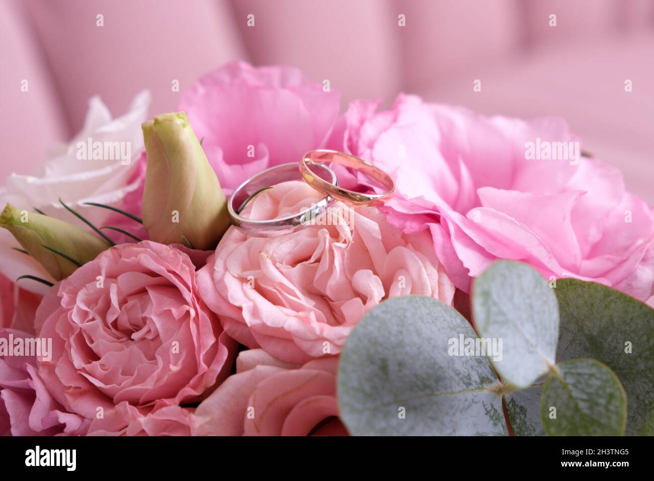 Due anelli di nozze di oro bianco e giallo su un bouquet di rose rosa. Foto Stock
