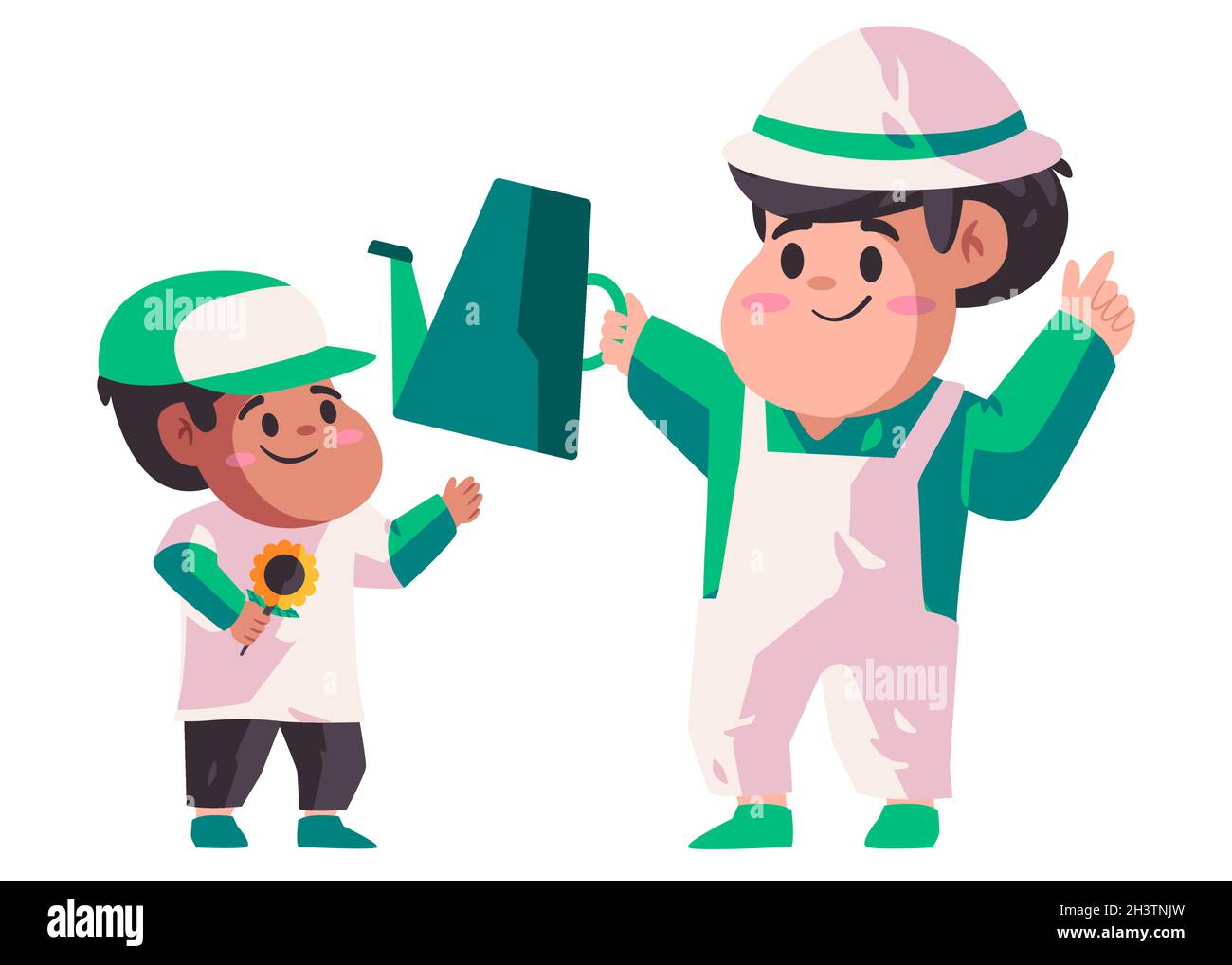 giardinaggio insieme con il padre di famiglia sta tenendo i bollitori per le piante d'acqua e suo figlio che tiene giallo sole fiore sfondo vettore illustrazione Illustrazione Vettoriale