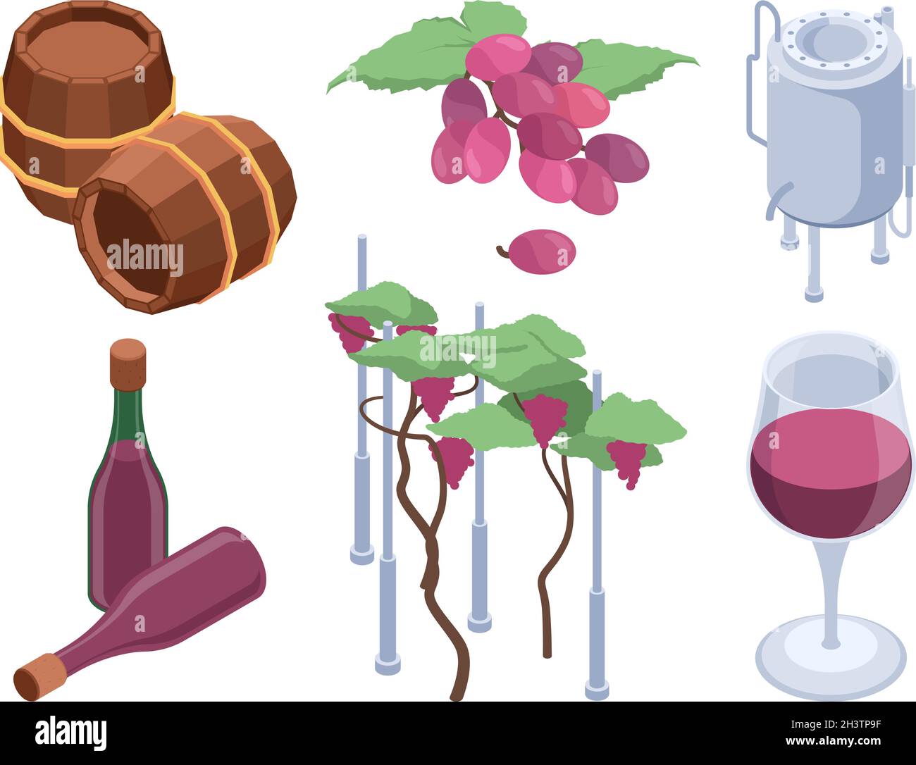 Cantina isometrica. La tecnologia dei vigneti elabora botti per le persone d'uva imbottigliamento macchine vettoriali set Illustrazione Vettoriale
