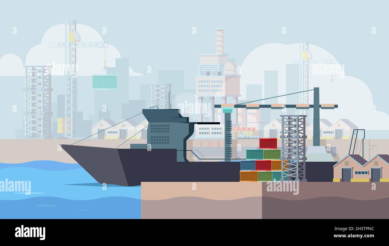 Banchine marine. Nave da carico carico container barca in fondo vettore porto marittimo Illustrazione Vettoriale