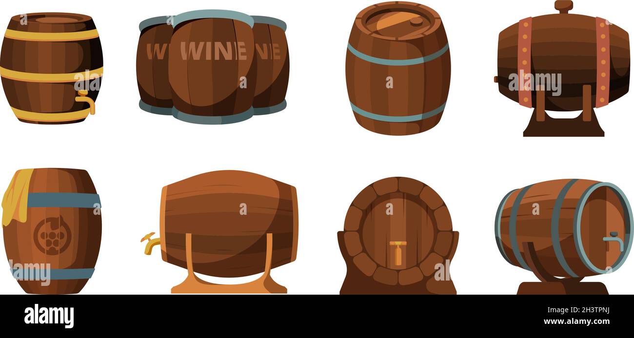 Botti di legno. Birra o vino alcol tradizionali barili illustrazioni vettoriali Illustrazione Vettoriale