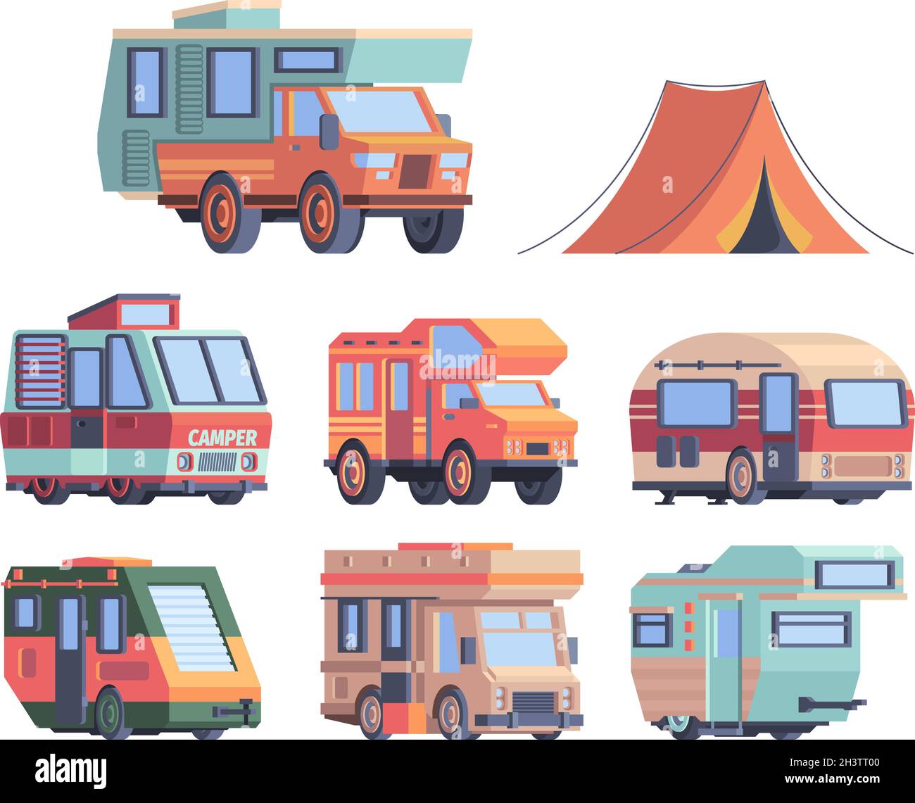 Auto da campeggio. Caravaners Road Trip explorer trasporto vettore camion raccolta Illustrazione Vettoriale