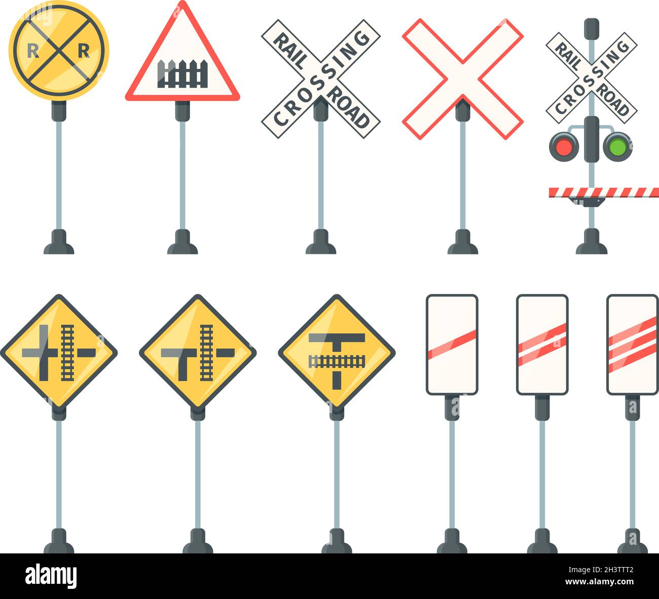 Segnaletica ferroviaria. Treno barriere semaforo simboli specifici direzione stradale frecce e banner immagini vettoriali piatte Illustrazione Vettoriale