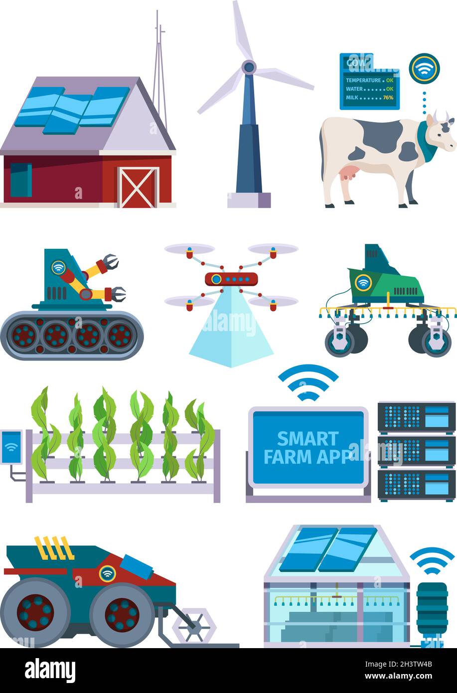 Agricoltura intelligente. Futuro veicolo per robot agricoli droni strumenti elettronici per agricoltori immagini vettoriali piatti Illustrazione Vettoriale