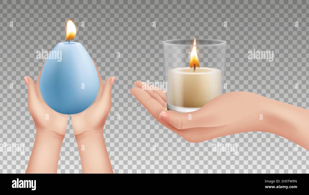 Mani che tengono le candele. Luci realistiche, simboli religiosi. Elementi vettoriali per illuminazione decorativa per le vacanze Illustrazione Vettoriale