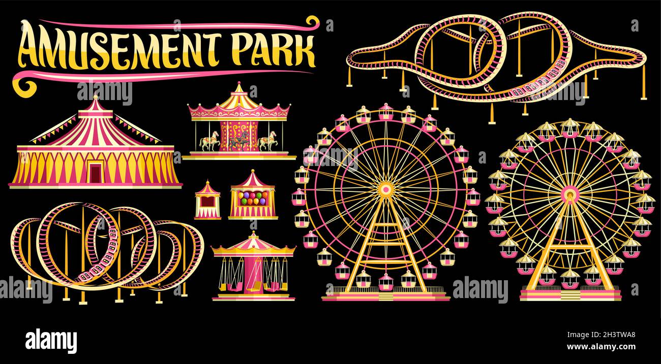 Set vettoriale per parco divertimenti, raccolta di lotti di illustrazioni ritagliate varietà caroselli, montagne russe estremamente diverse, vari giganti ferris whee Illustrazione Vettoriale