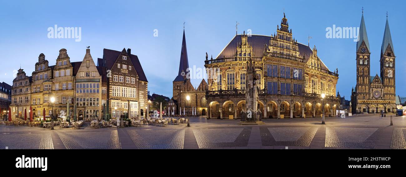 Mercato con case a capannoni, la nostra Chiesa delle Cari Donne, municipio con Roland, Cattedrale di San Petri, Brema Foto Stock