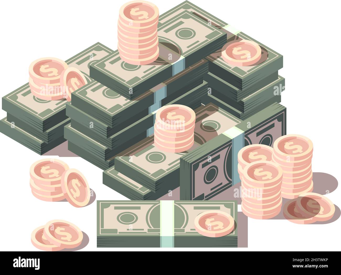 Soldi colline. Dollari e monete finanzia simboli isometrici concetto di business vettoriale Illustrazione Vettoriale