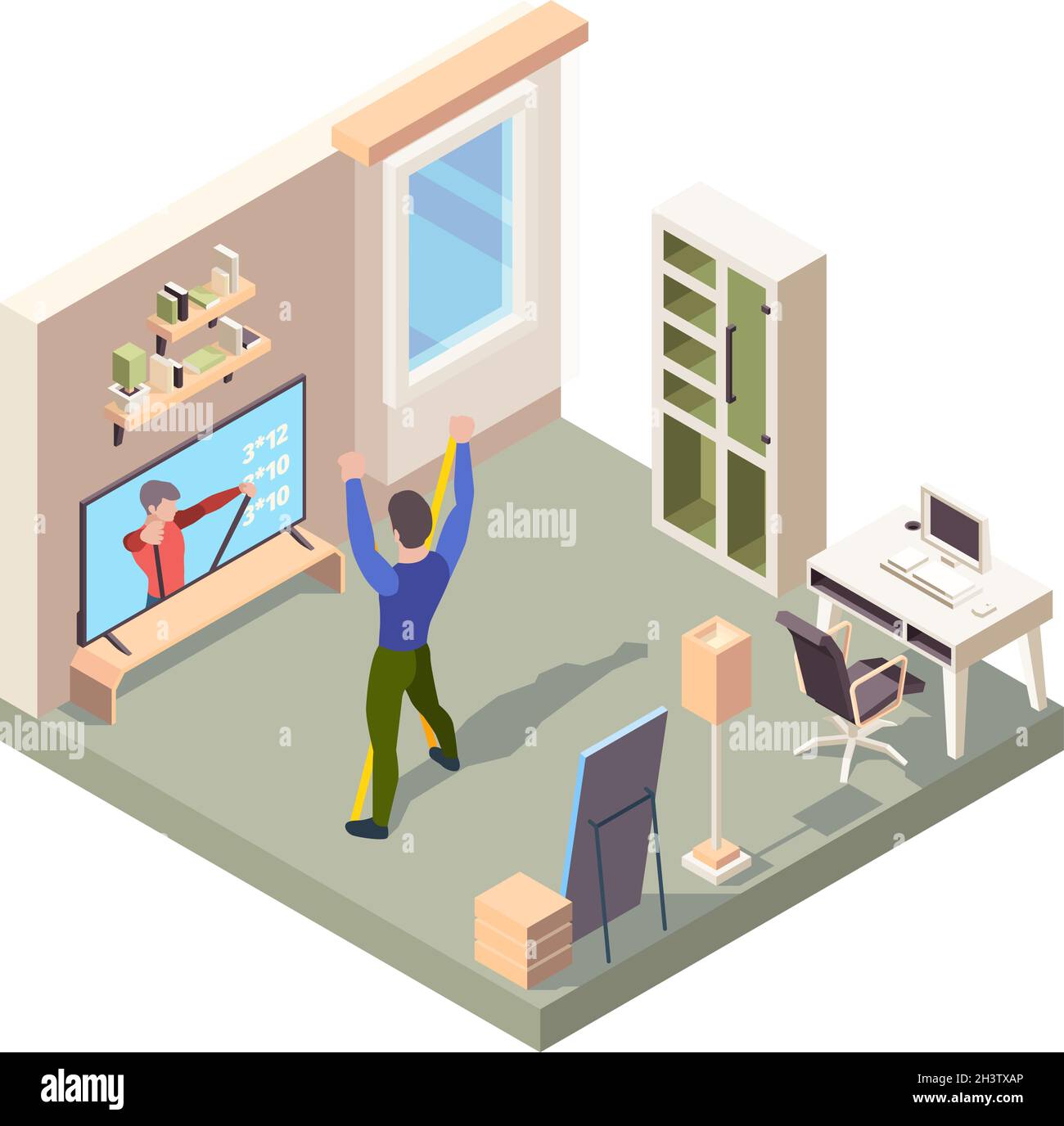 Fitness online. Le persone che si levano in piedi da sole nella stanza di casa in posa attiva fanno l'allenamento sportivo isometrico vettoriale di allenamento Illustrazione Vettoriale