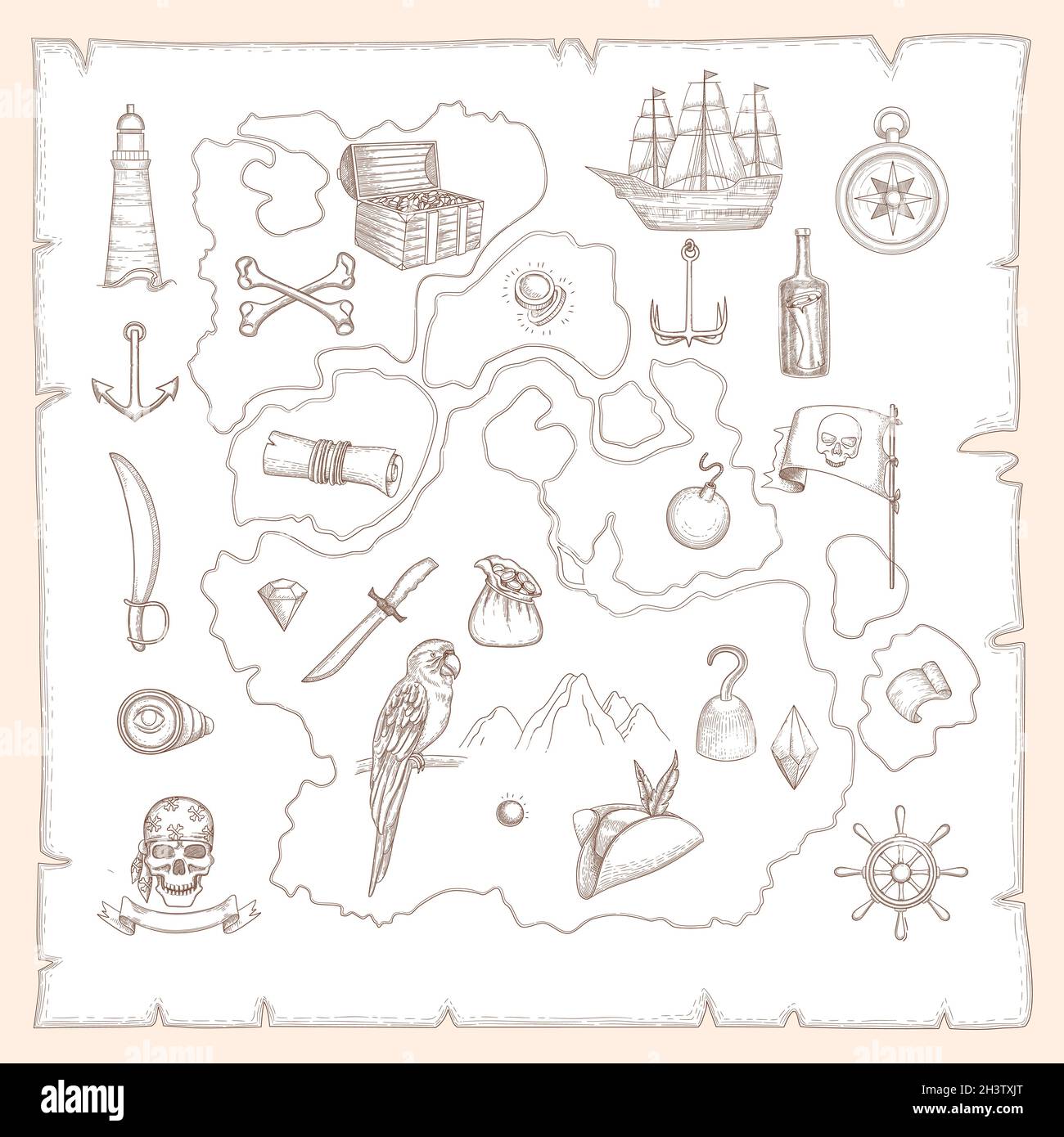 Simboli pirata. Antica mappa di tesori medievali navi marine e armi antiche creature oceaniche oggetti nautici vettoriali Illustrazione Vettoriale