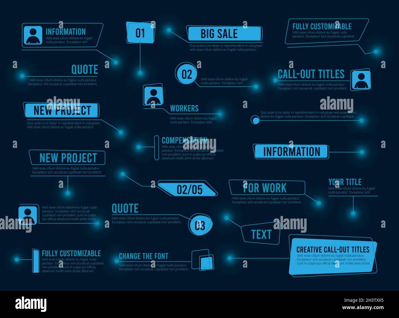 Caselle delle didascalie. Cornici digitali testo astratto. Tecnologia futuristica hud ui ux elementi collezione vettoriale Illustrazione Vettoriale
