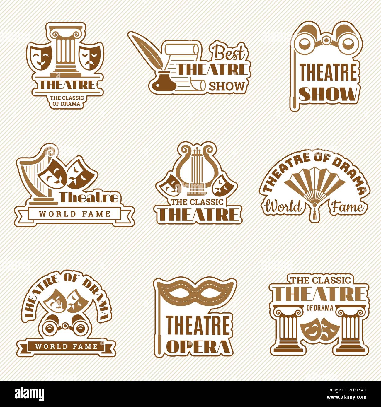Logo Theatre. Cinema intrattenimento spettacolo elementi teatro badge dramma e commedia maschera recentissimo vettore set Illustrazione Vettoriale