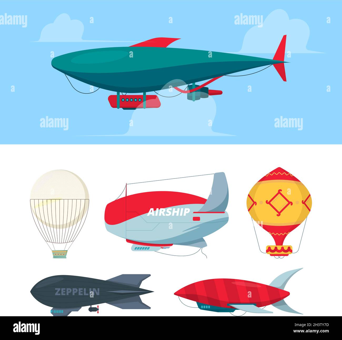 Nave aerea. Palloncini volanti rigidità zeppelin per viaggiatori simboli libertà trasporto aereo illustrazioni vettoriali Illustrazione Vettoriale