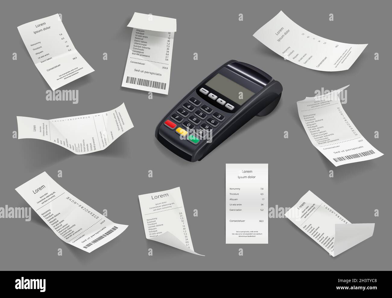 Modelli di ricevimento fatture. Fatture realistiche carte finanziarie i clienti archiviano fatture decenti illustrazioni vettoriali Illustrazione Vettoriale