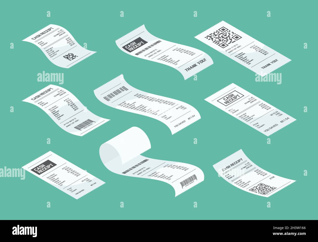 Controllo dell'acquisto. Ricevuta d'acquisto Calcola documento finanziario d'acquisto pezzo di carta di mercato vettore isometrico Illustrazione Vettoriale