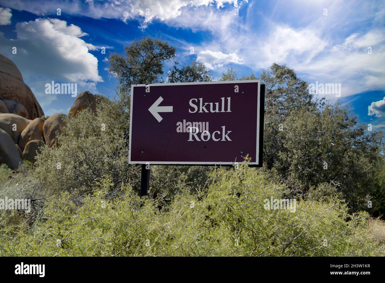 Insegna Skull Rock nel parco nazionale Joshua Tree in California Foto Stock