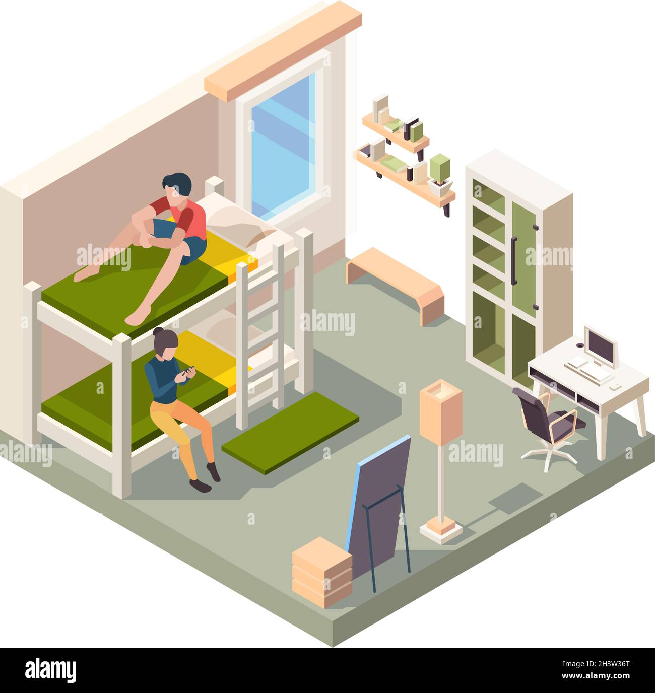 Camera ostello interno. Camera da letto in hotel architettura soggiorno per studenti contemporanei residenziale vettore isometrico Illustrazione Vettoriale