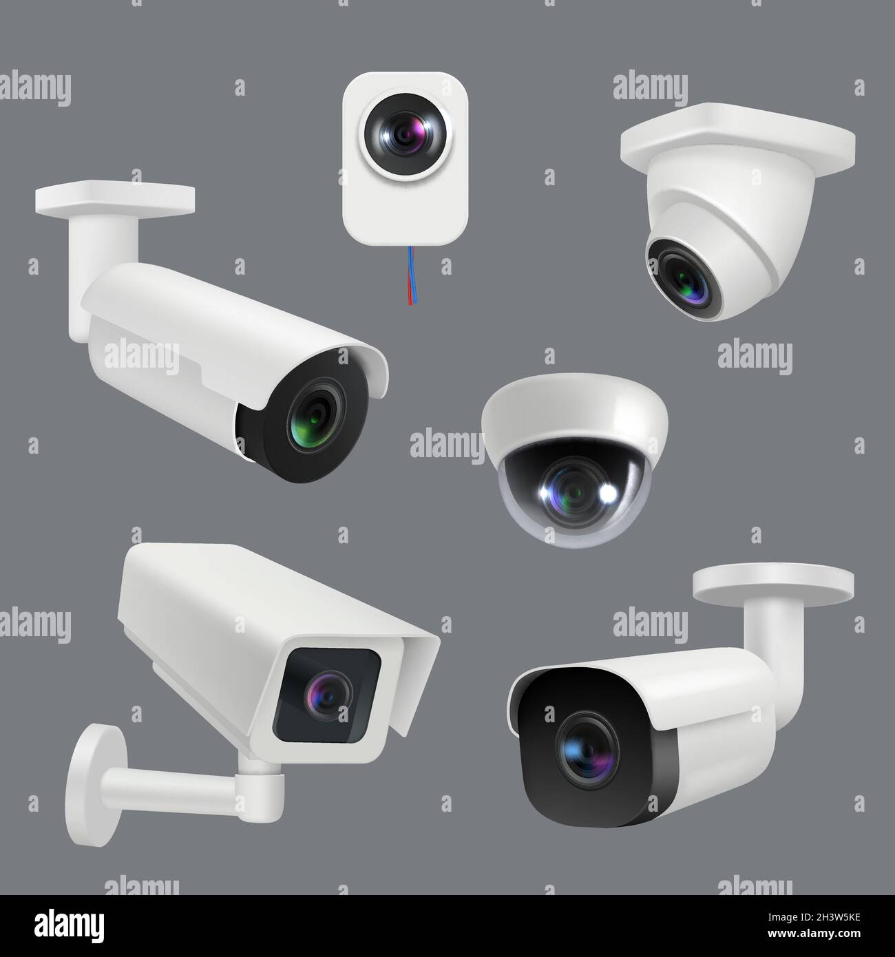Sistemi TVCC. Le telecamere di sicurezza ospitano le tecnologie elettroniche intelligenti insieme realistico vettoriale decente Illustrazione Vettoriale