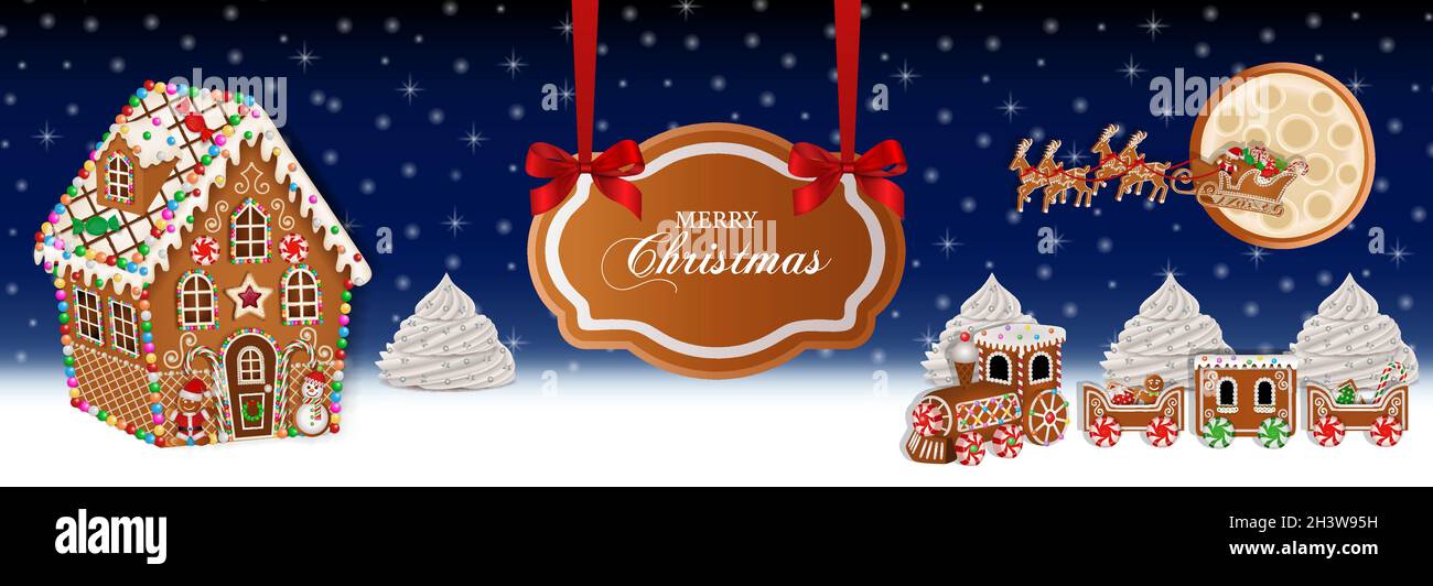 Banner natalizio con paesaggio di pan di zenzero. Paesaggio natalizio con casa di pan di zenzero, treno e slitta Illustrazione Vettoriale