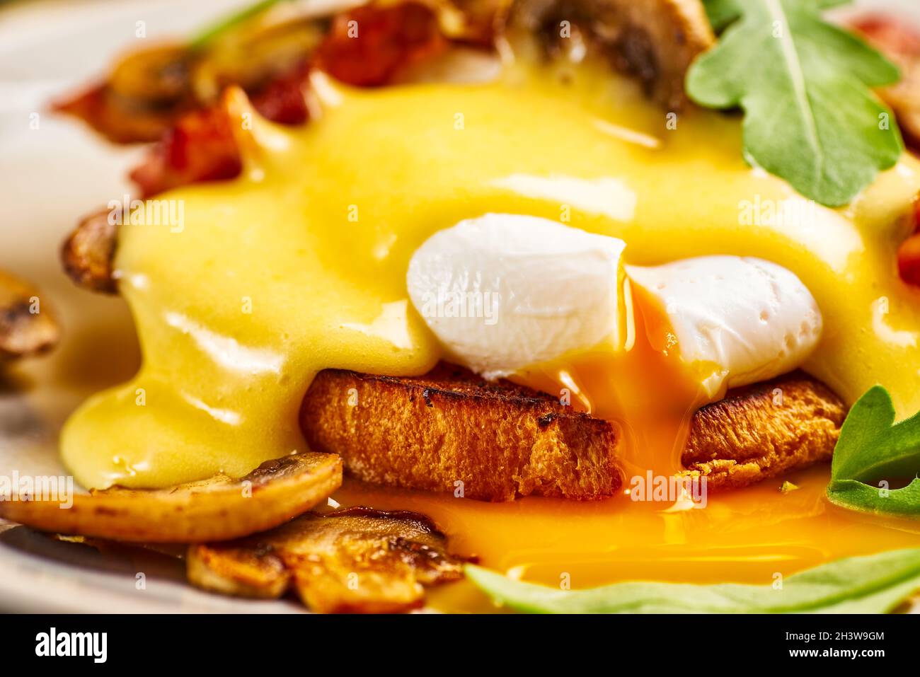 Primo piano delle uova Benedetto con salsa di ollandaise e tuorlo liquido Foto Stock