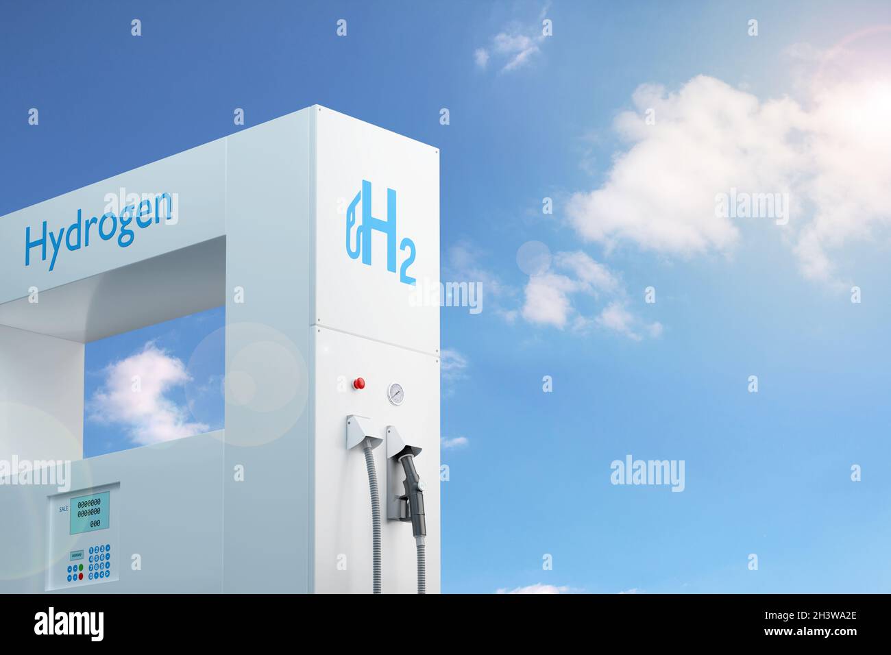 Distributore di carburante per stazione di gas idrogeno su sfondo cielo blu con spazio per la copia. illustrazione 3d. Foto Stock