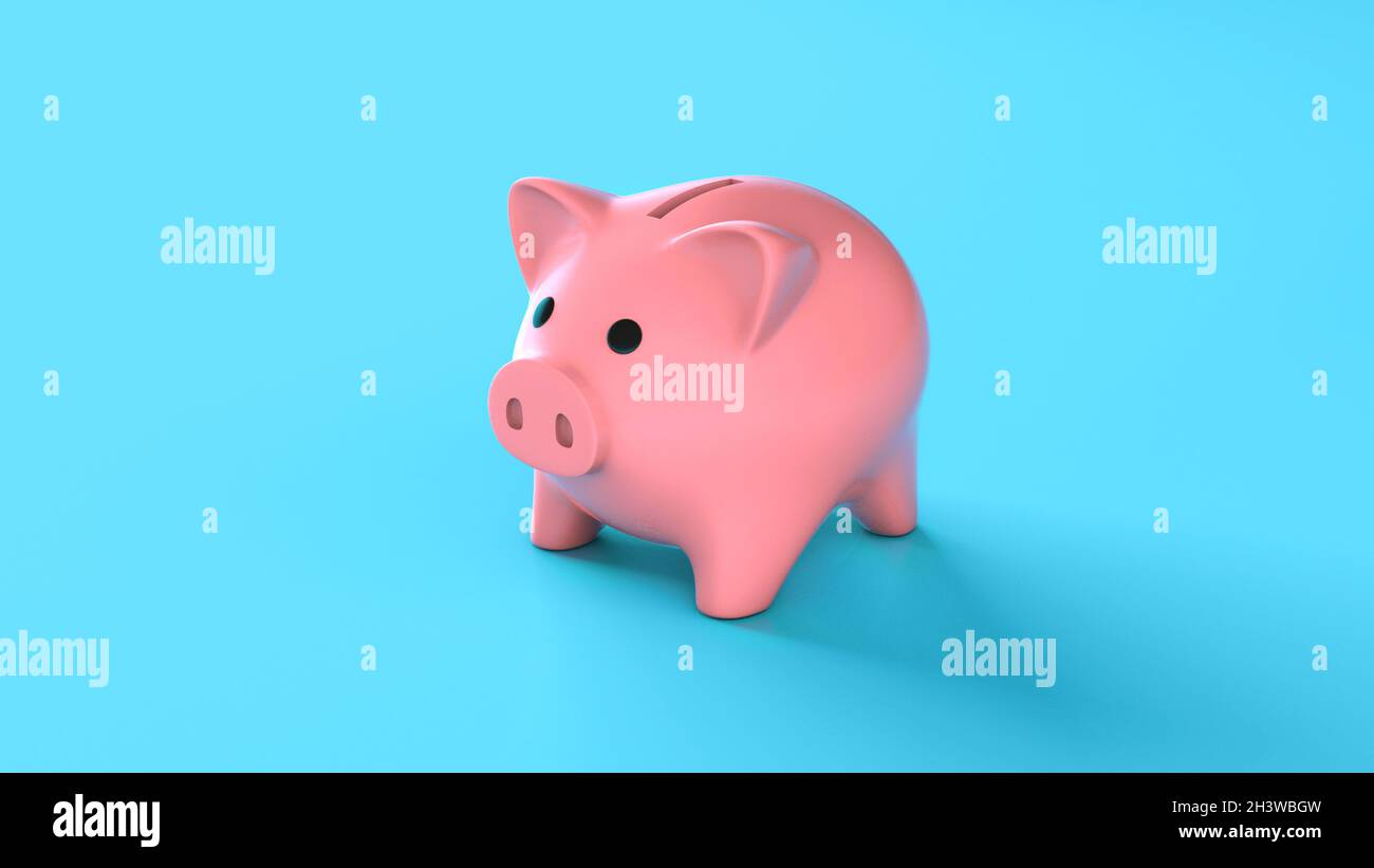 Piggy banche su uno sfondo blu. rendering 3d. Foto Stock