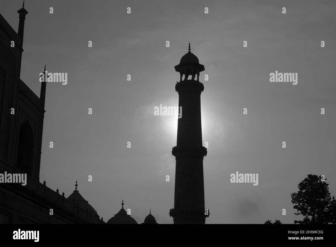 Minareto di Taj Mahal all'alba Foto Stock