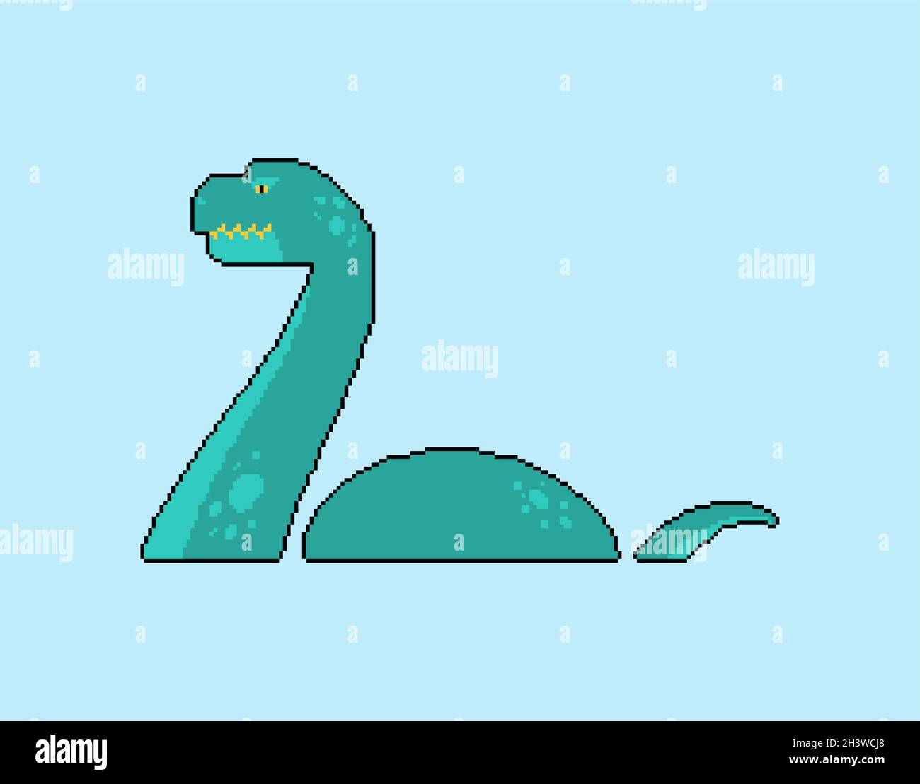 Loch Ness Monster pixel art pixelated Nessie isolato. Animale mostruoso a 8 bit Illustrazione Vettoriale