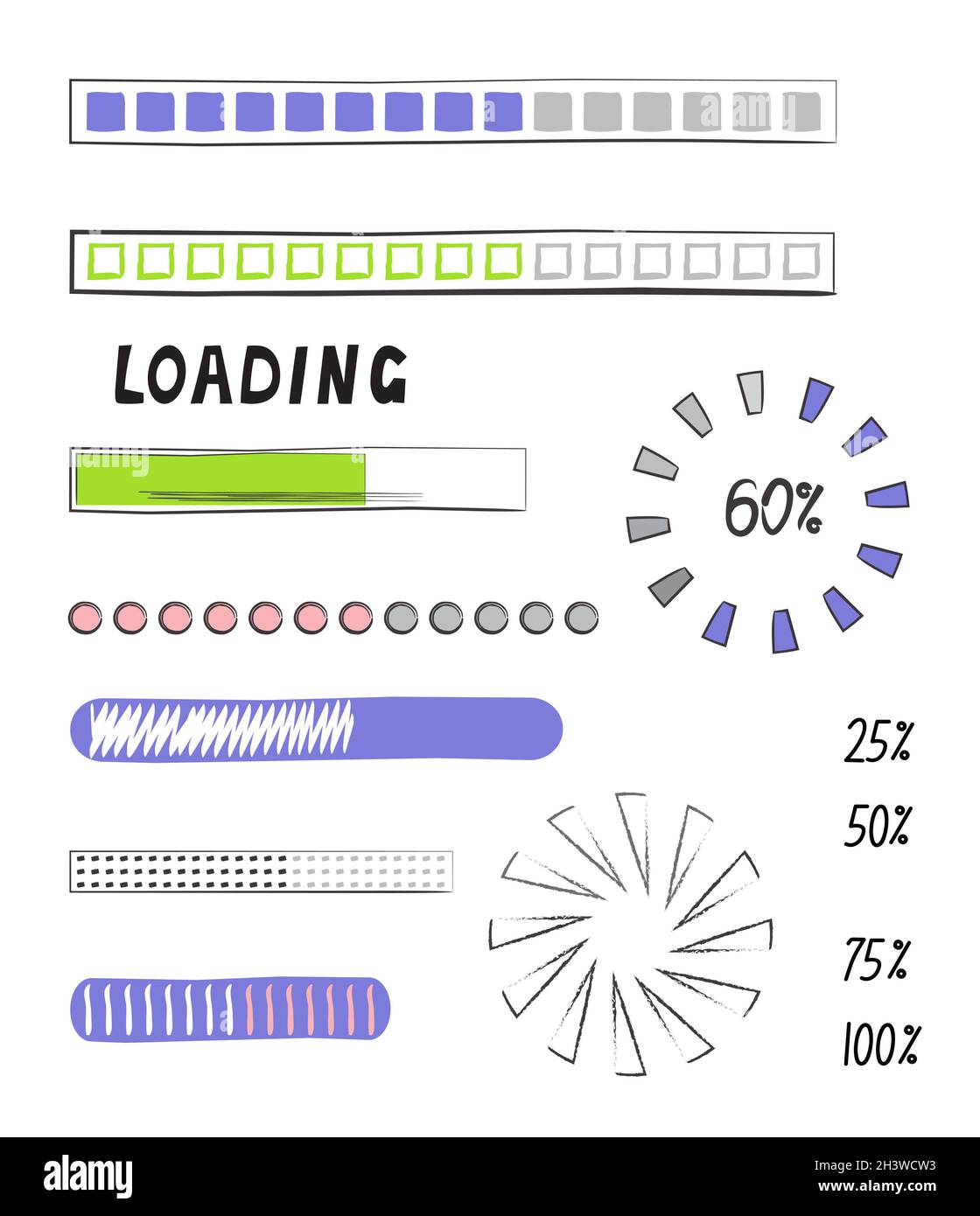 Caricamento dello stile vettoriale della barra di avanzamento in stile doodle. Icone della barra del cerchio di avanzamento aggiornate. Pulsante caricatore. Carica barra di avanzamento per UI. Stato di caricamento collectio Illustrazione Vettoriale