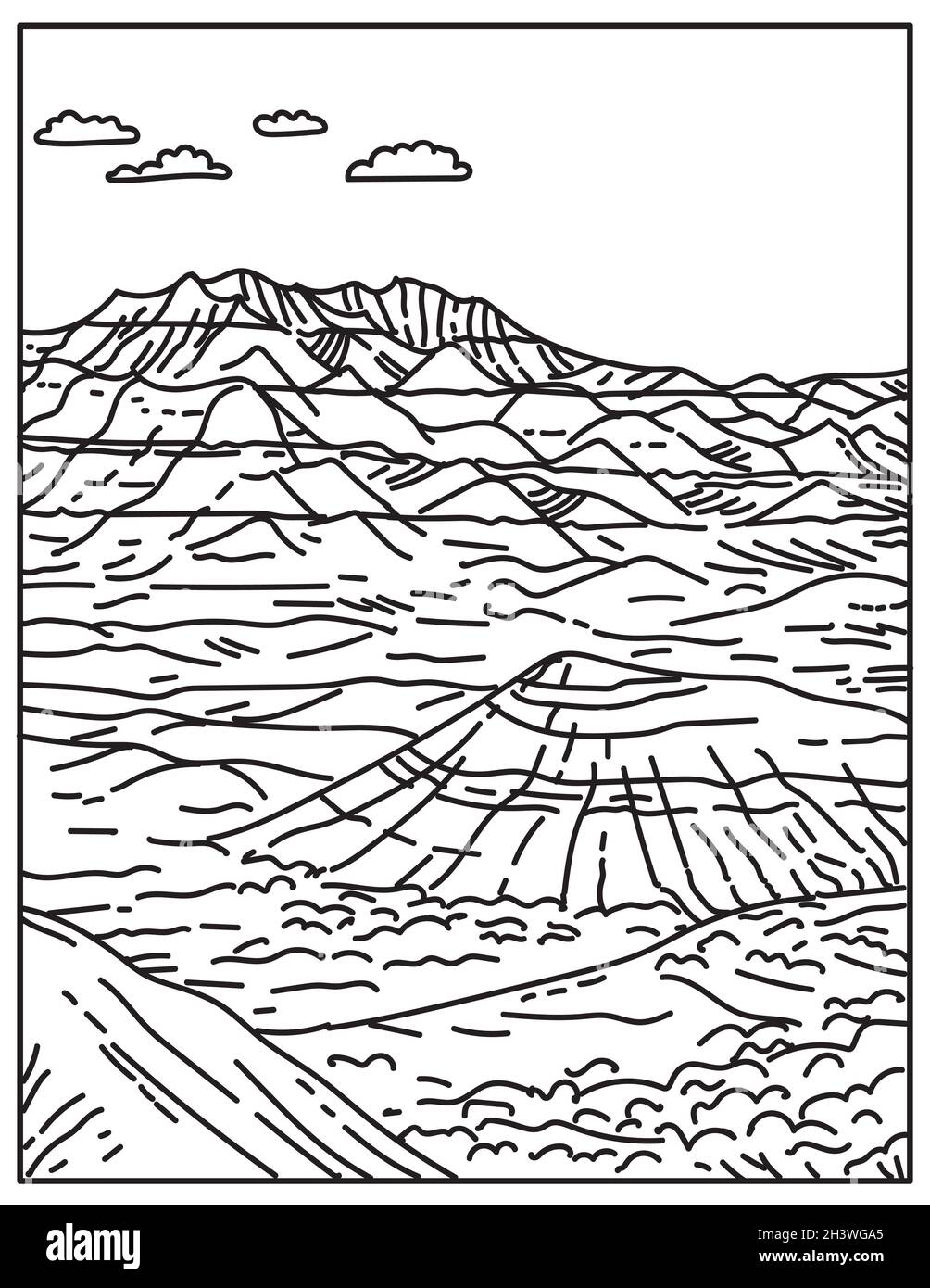 Formazioni rocciose stratificate nel Badlands National Park situato nel South Dakota United States Mono Line o Monoline Black and White li Foto Stock