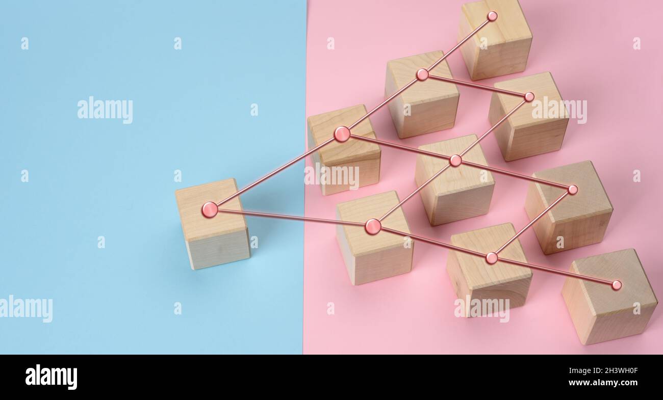 Blocchi di legno su sfondo rosa blu, struttura organizzativa gerarchica di gestione Foto Stock