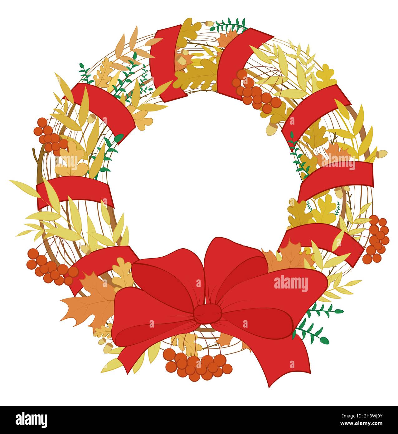 Telaio di corona di foglie, ghiande e rowan isolato su bianco. Cornice rotonda vettoriale colorata disegnata a mano. Modello per la scheda autunnale. Illustrazione Vettoriale