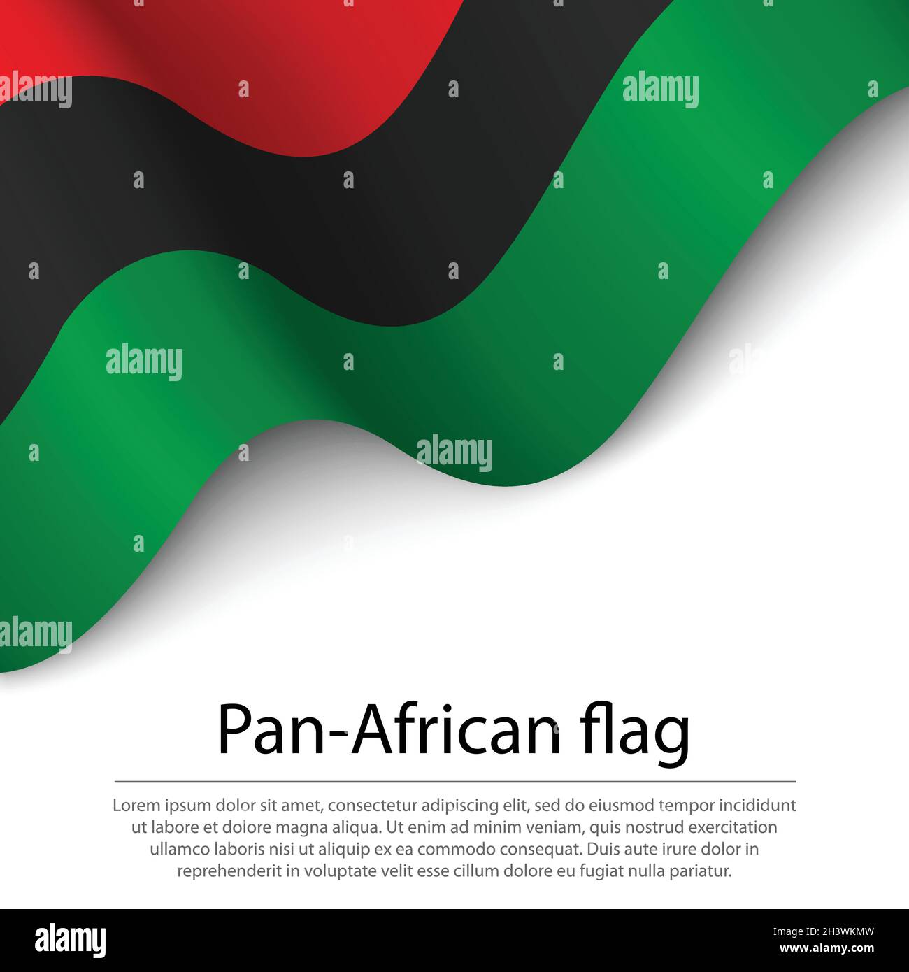 Bandiera pan-africana ondulata su sfondo bianco. Modello vettoriale banner o nastro Illustrazione Vettoriale