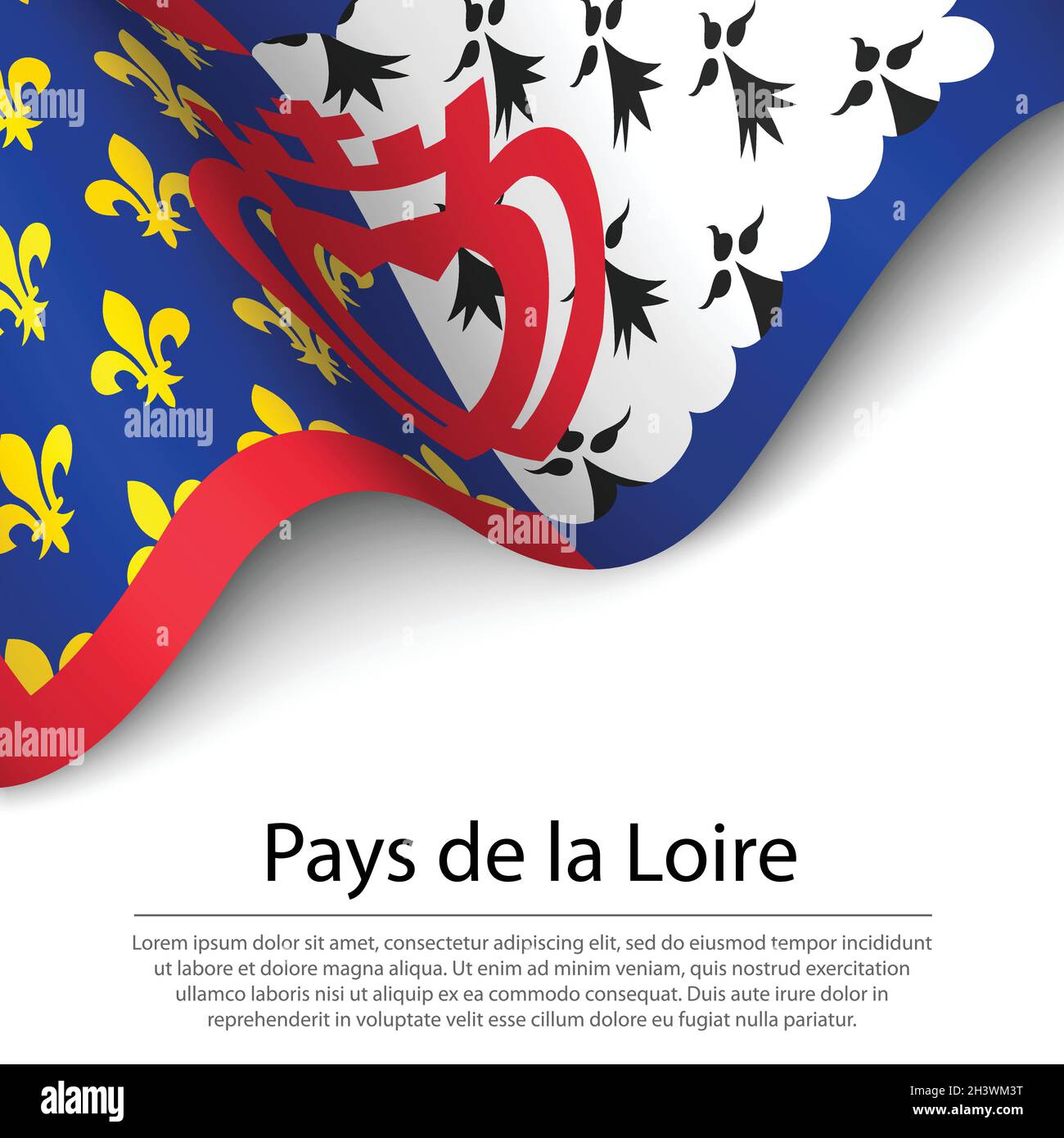 La bandiera sventolante della Loira è una regione della Francia su sfondo bianco. Modello vettoriale banner o nastro Illustrazione Vettoriale