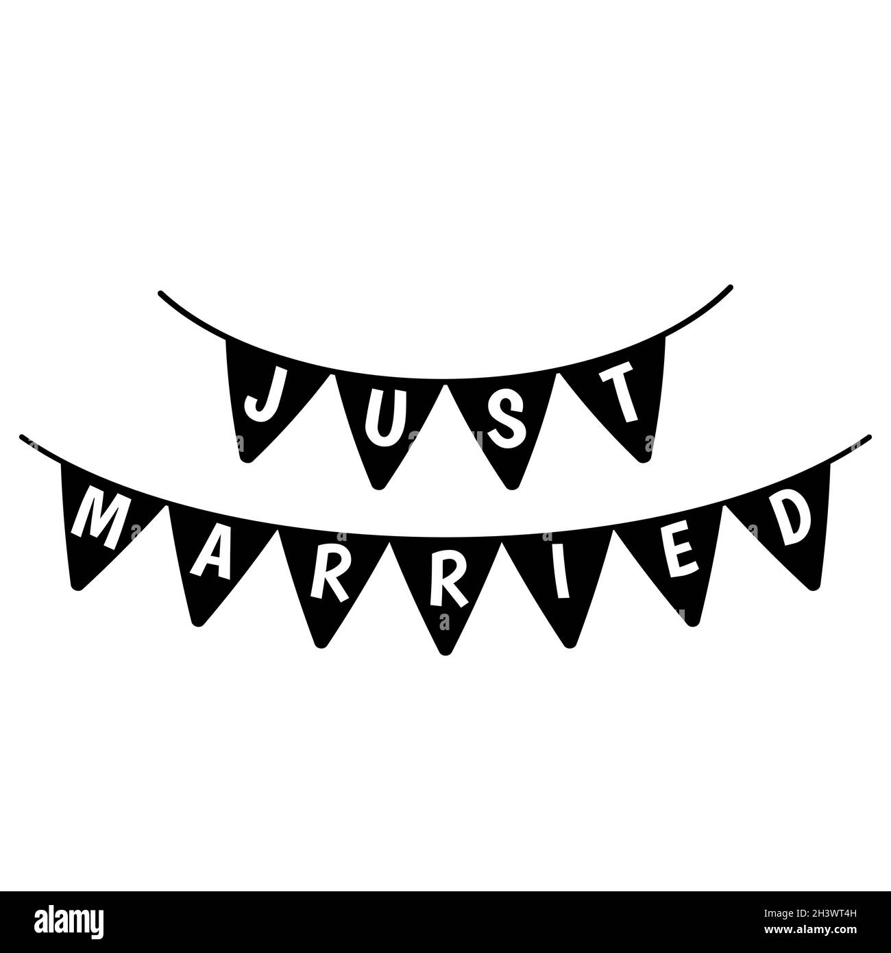 Appena sposato bandiere segno. Banner sospeso giorno di nozze icona bianca e nera. Illustrazione vettoriale. Illustrazione Vettoriale
