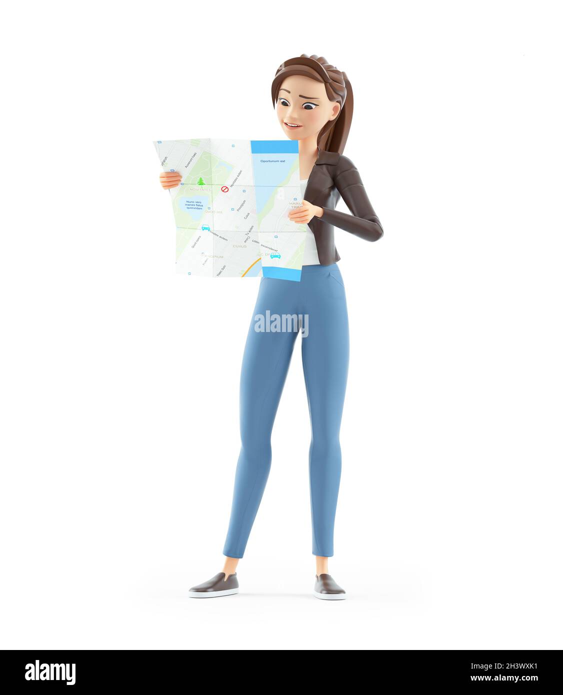 3d donna cartoon guardando la mappa stradale, illustrazione isolata su sfondo bianco Foto Stock