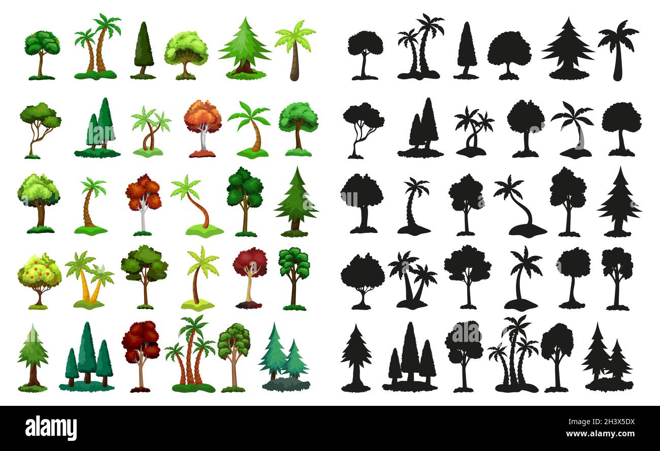 Seth silhouette nere e alberi realistici da diverse zone climatiche su sfondo bianco - Vector Foto Stock