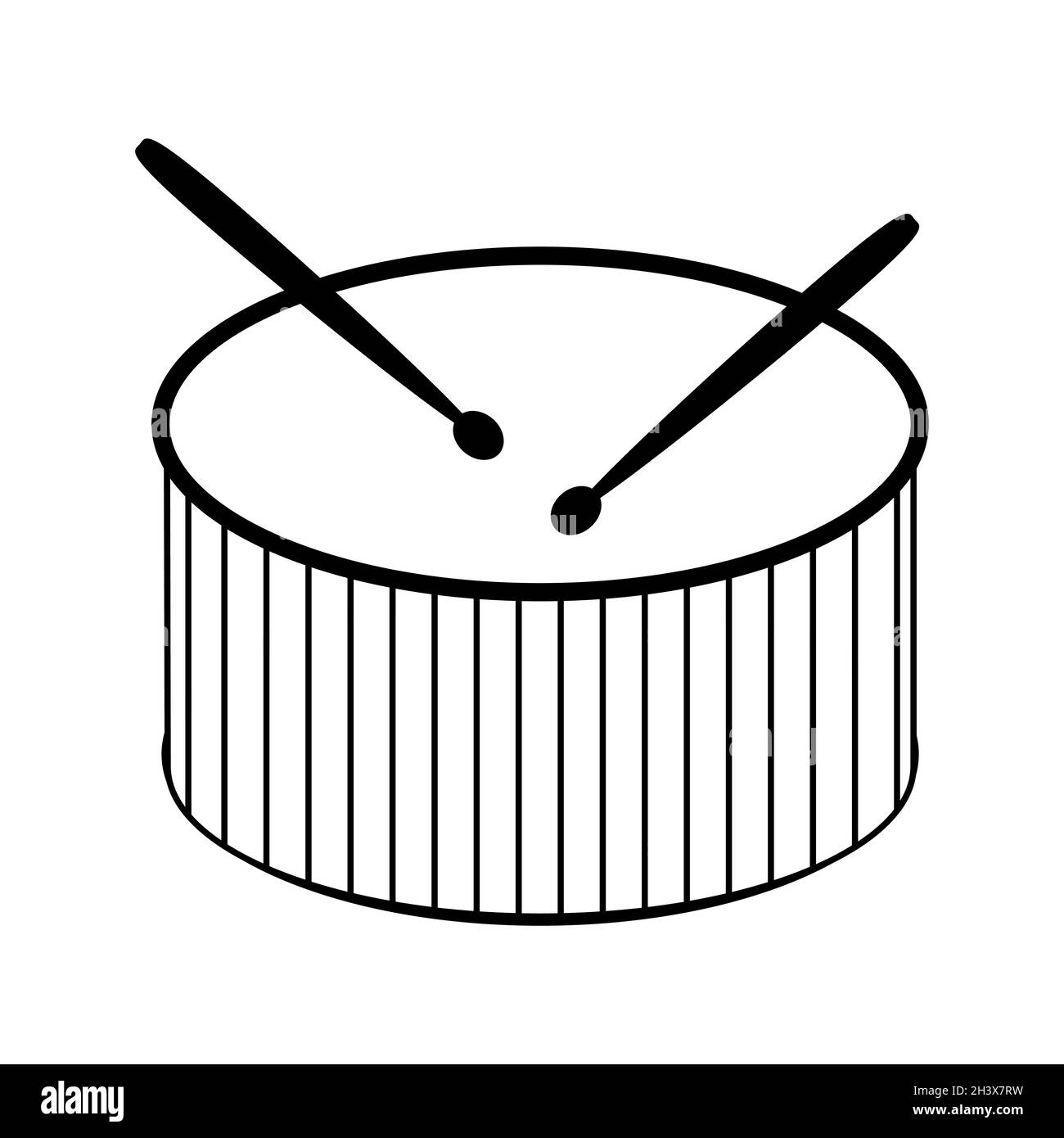 Icona drum and drumsticks (tamburo e tamburi). Strumento musicale a percussione simbolo di linea nera isolato su sfondo bianco. Illustrazione vettoriale. Illustrazione Vettoriale
