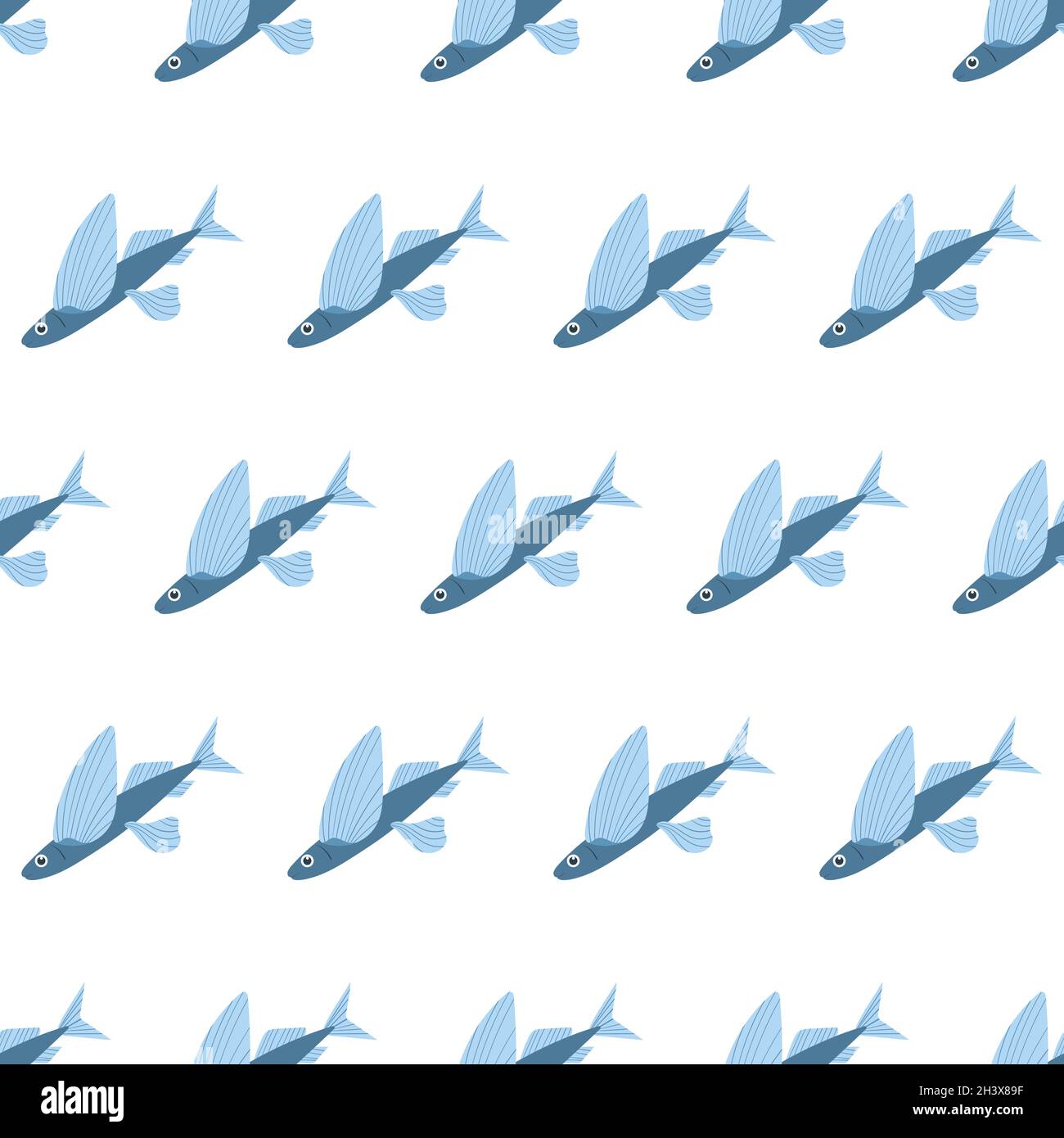 Animale marino senza giunture con pesce volante. Gli habitat sottomarini del mondo stampano. Illustrazione del vettore di vita subacqueo disegnata a mano. Divertente personaggio di animali marini cartoon per tessuto capretto, tessile. Illustrazione Vettoriale